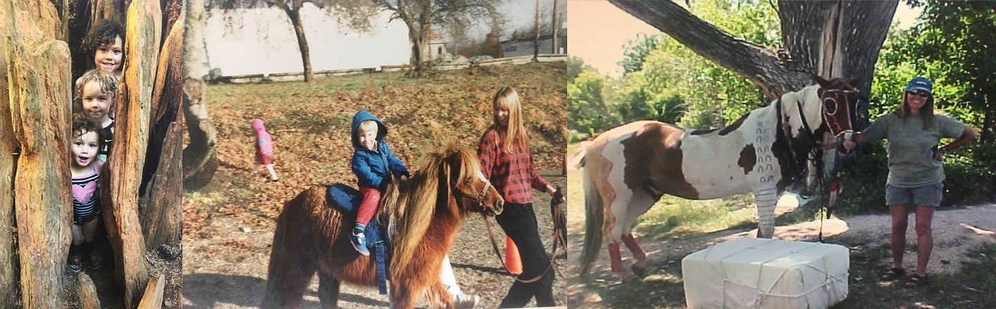 Carol's grandkids; Carol and a grandkid on a horse, Carol with a horse