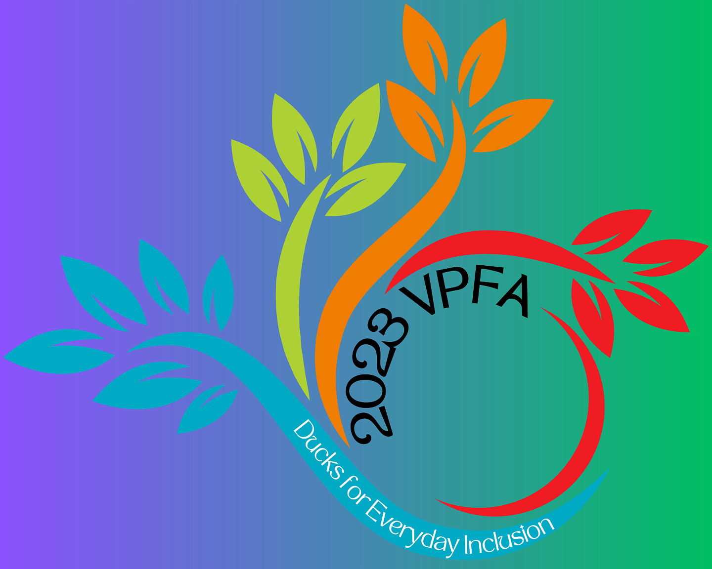 Four colorful plant leaf spirals with the text: 2023 VPFA Ducks for Everyday Inclusion (colorful background)