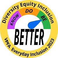 Outer circle text reads: Diversity Equity Inclusion VPFA Everyday Inclusion 2023. Inside the circle is a gauge with Know Do Be Better--gauge pointer on BE