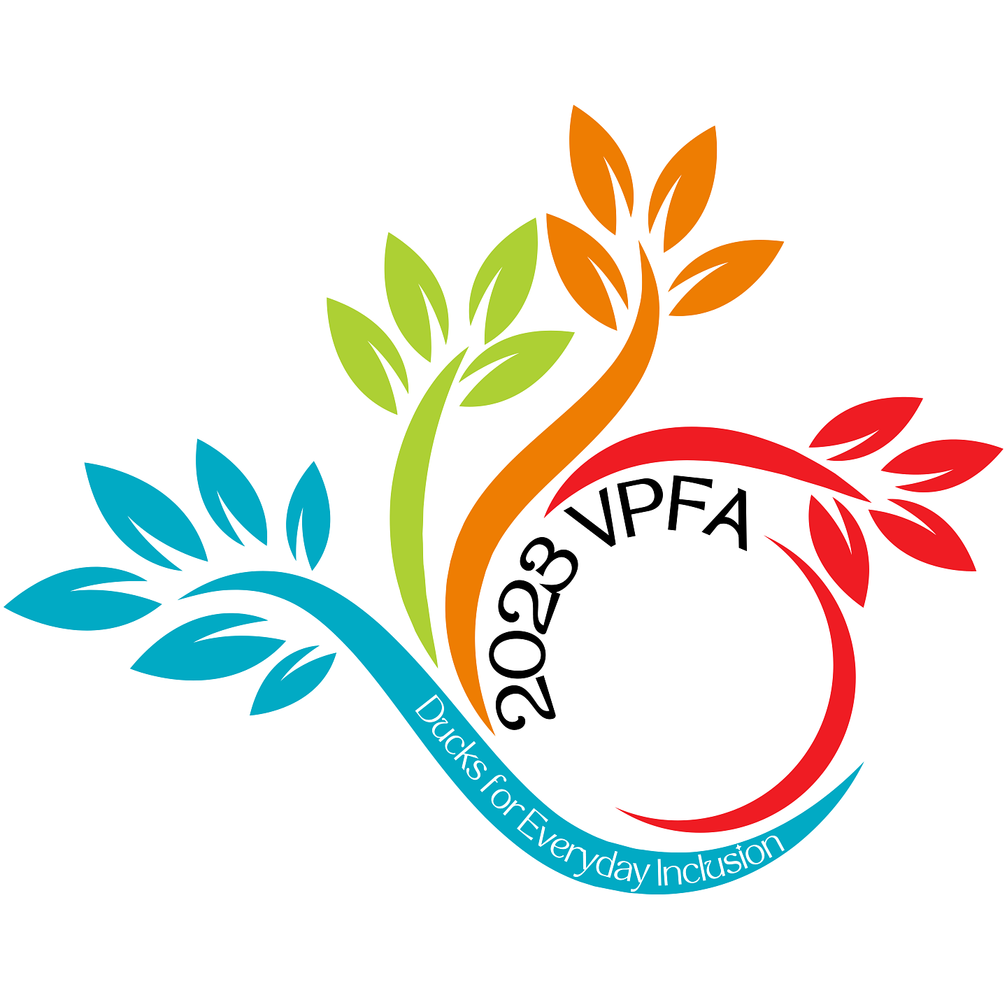 Four colorful plant leaf spirals with the text: 2023 VPFA Ducks for Everyday Inclusion (white background)