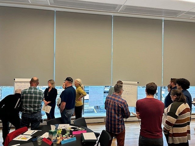 Groups of people deep in discussion looking at flipcharts 