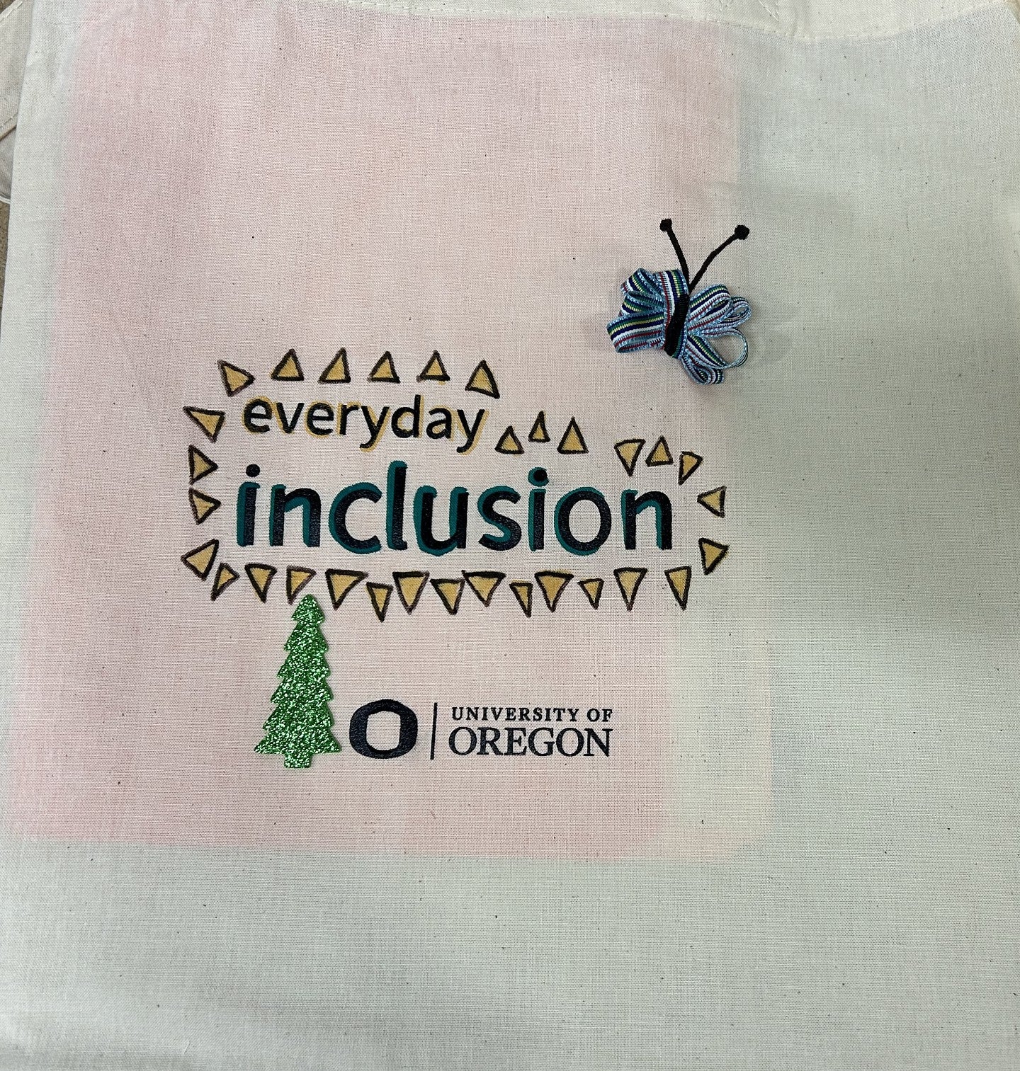 Everyday Inclusion tote bag with butterfly sewed on