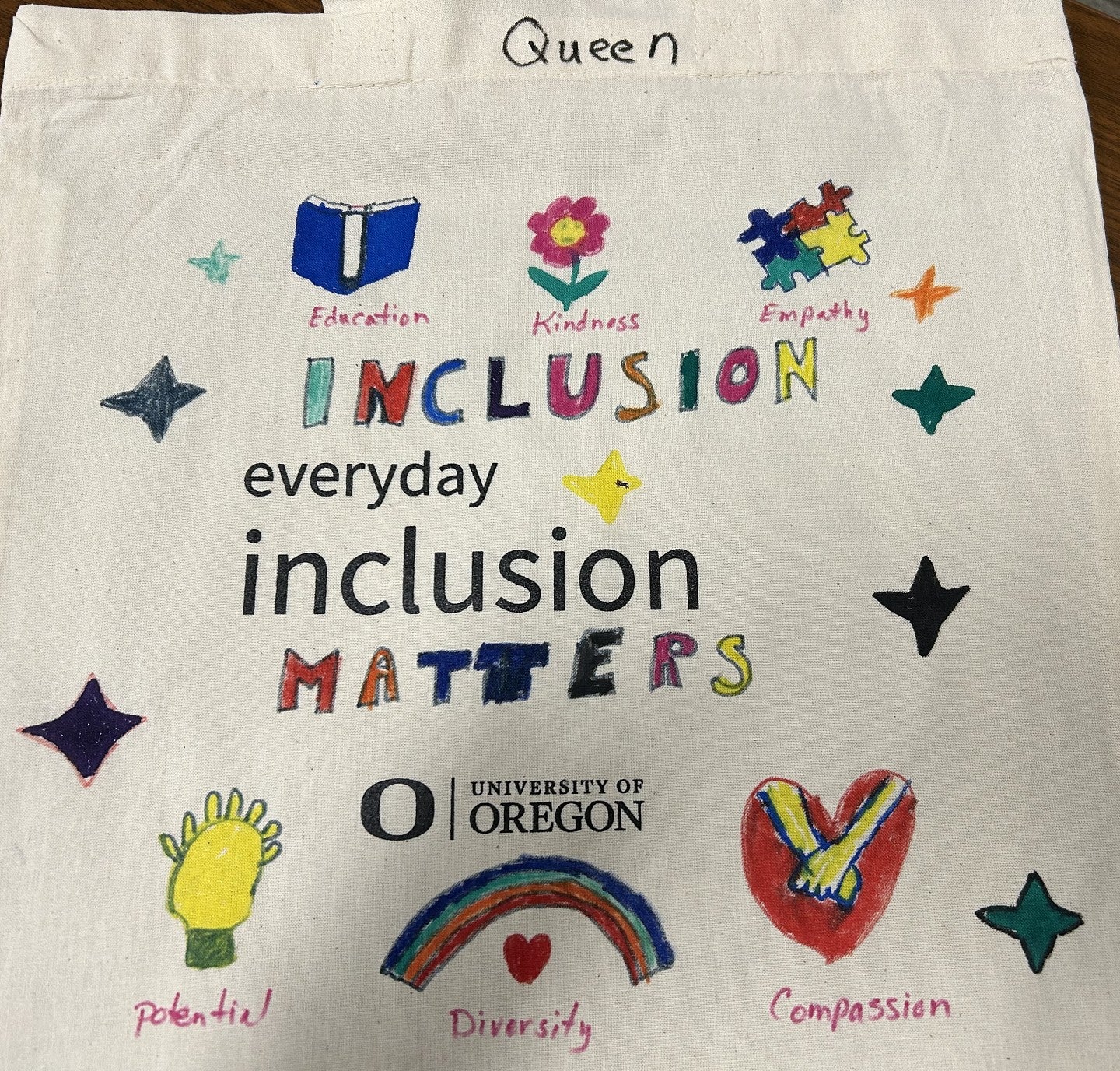 Everyday Inclusion bag with EVERYONE MATTERS and other inclusion symbols and words