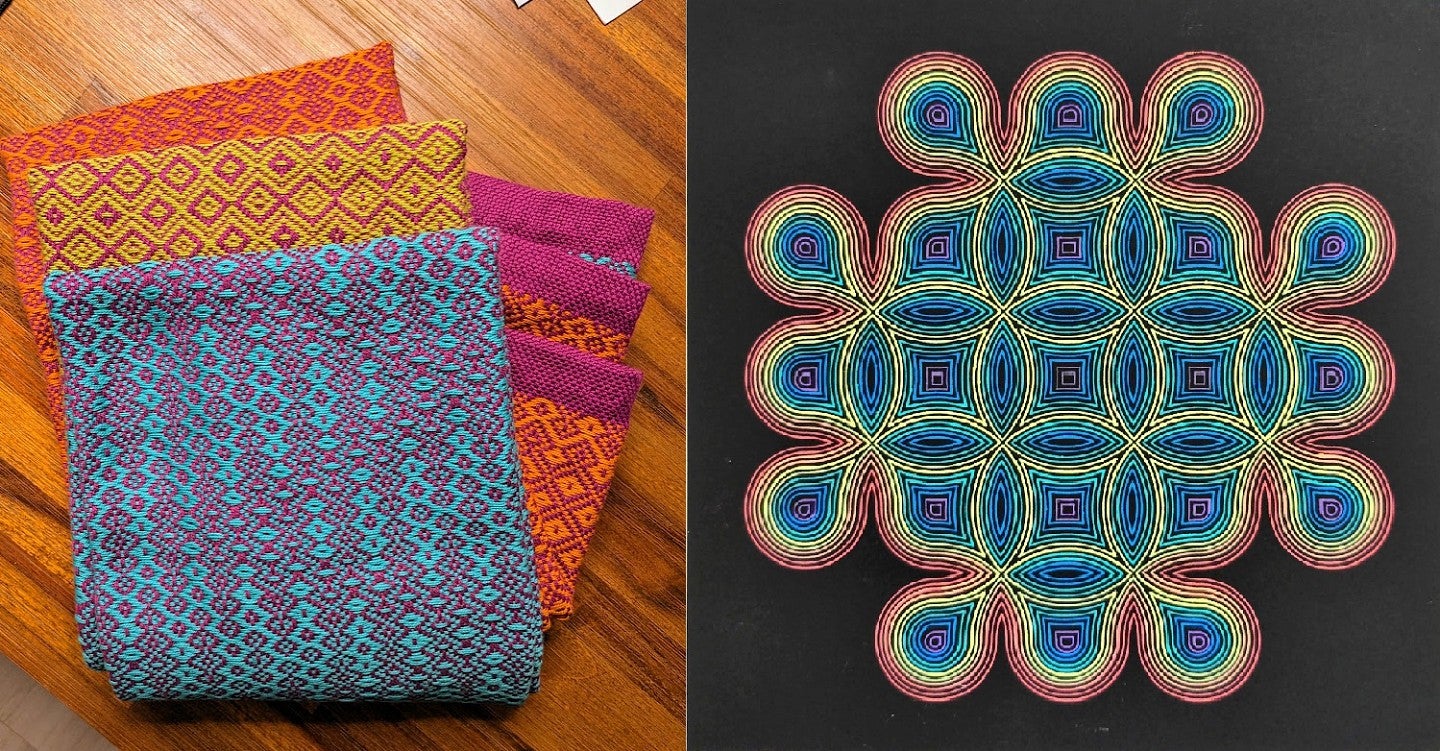 Left: Woven cloth in assorted colors and diamond designs; Right: Plotter art design in red, orange, yellow, green, blue, and purple lines