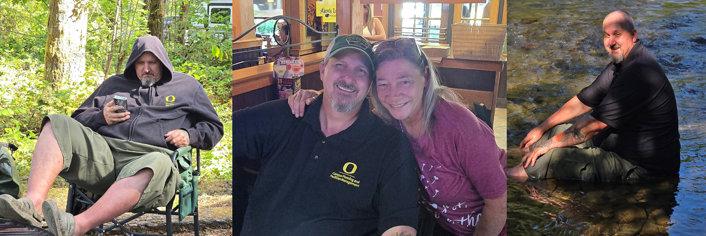 From left: Jude in a hoodie and shorts sitting outside with greenery; Jude and his wife smiling at a restaurant; Jude sitting in a stream, smiling