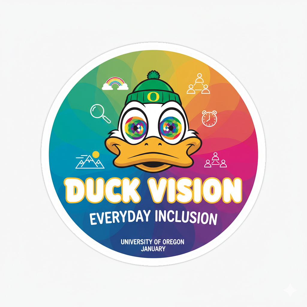 UO Duck head face on wearing green O beanie; technicolor eyes and color around the head with symbols of rainbow, magnifying glass, mountains, people, clock. Text reads DUCK VISION EVERYDAY INCLUSION University of Oregon January
