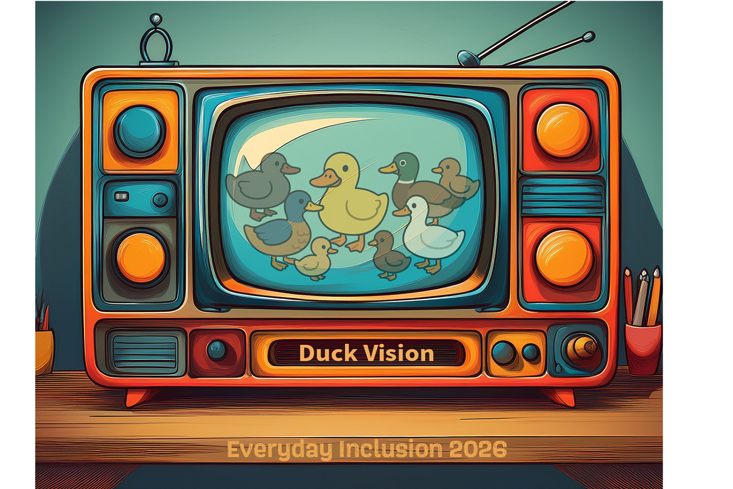 Small retro TV with antenna and knobs. DUCK VISION written on it. TV screen shows assorted ducks.