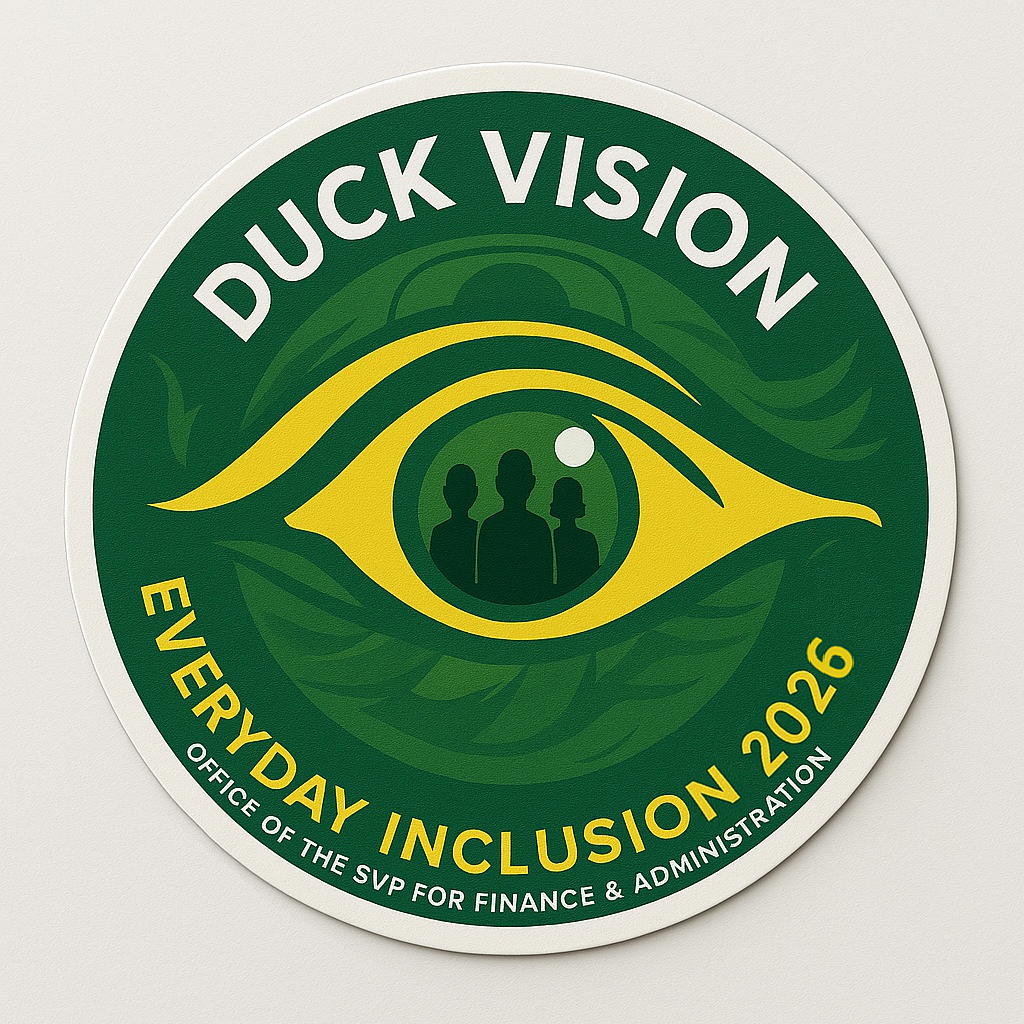 Green sticker with yellow eye image, three people silhouetted in the middle, and an O logo half visible. Text reads DUCK VISION, EVERYDAY INCLUSION 2026, and Office of the SVP for Finance & Administration