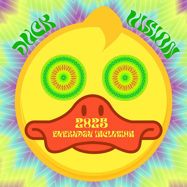 Duck head facing forward; DUCK VISION, 2025 Everyday Inclusion; kaleidoscope effects in background