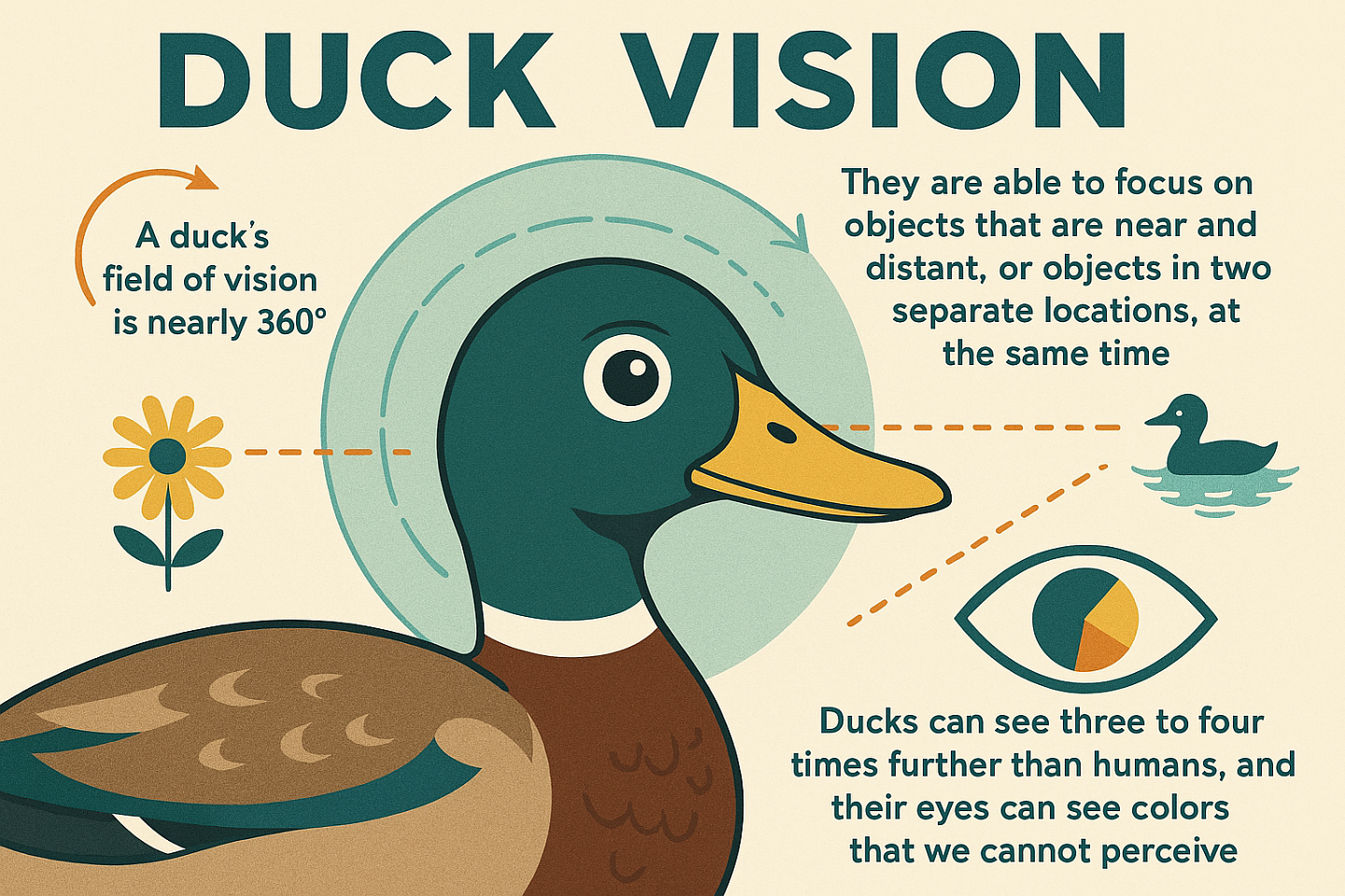 DUCK VISION and image of a duck, a flower behind it, a duck in front of it and an eye image. Text reads: A duck's field of vision is nearly 360. They are able to focus on objects that are near and distant, or objects in two separate locations, at the same time. Ducks can see three to four times further than humans, and their eyes can see colors we cannot perceive