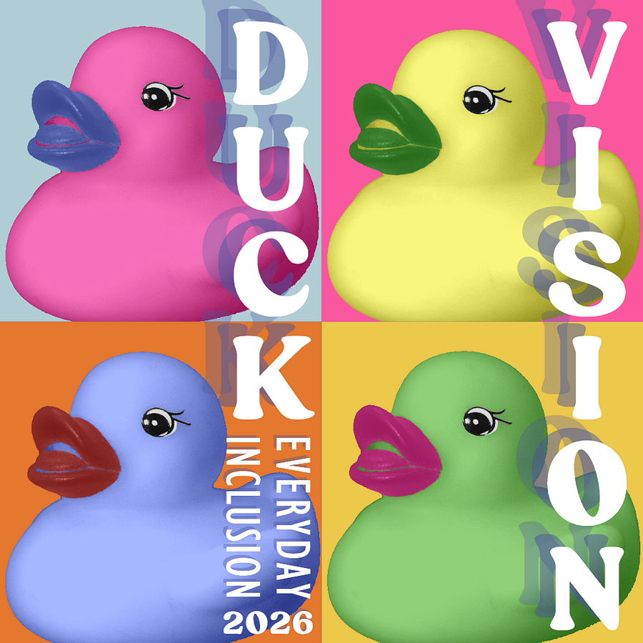 Four colorful ducks in Warhol style 2x2 grid; Everyday Inclusion 2026 Duck Vision