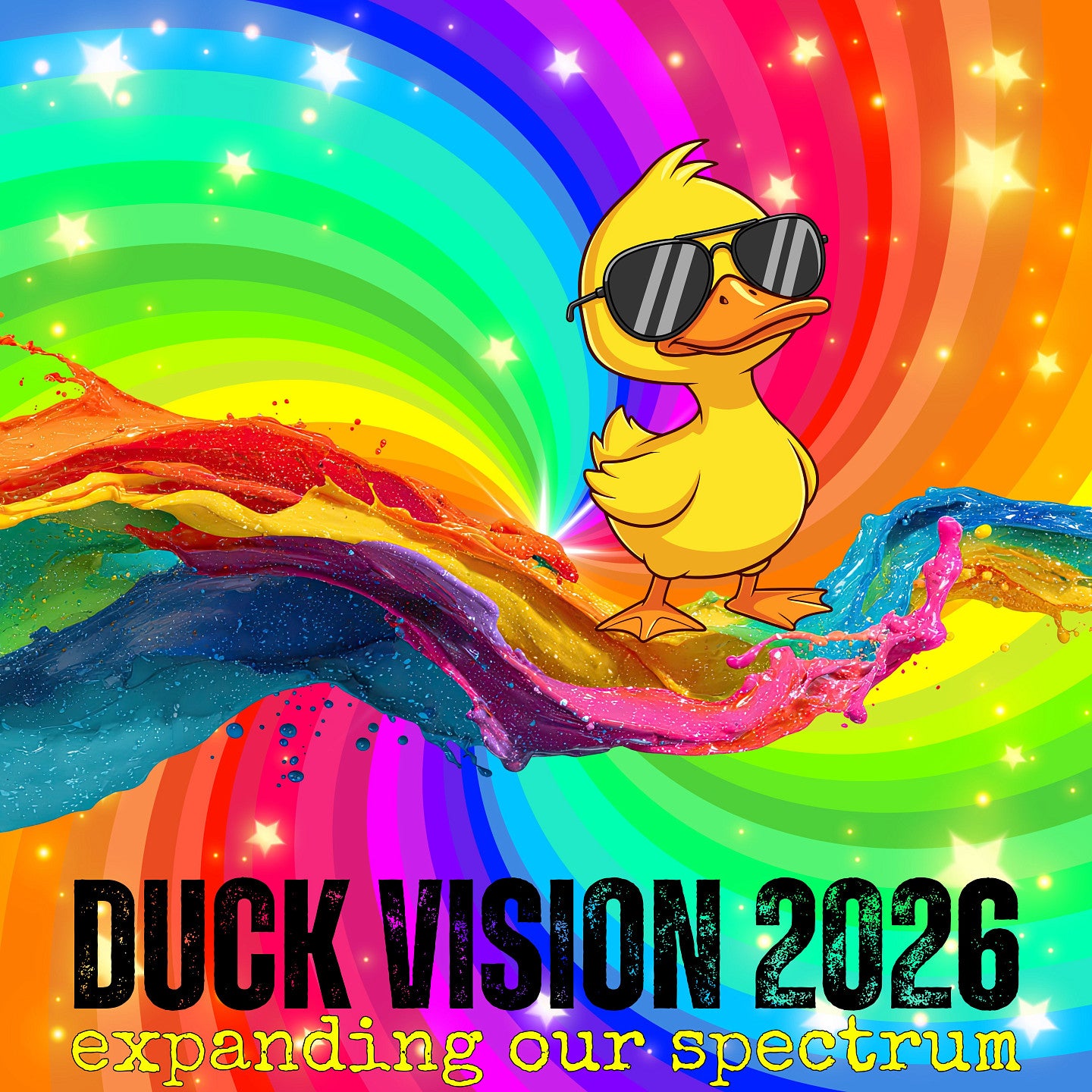 Sunglasses-wearing duck riding a multi-colored wave; rainbow spiral in the background; text reads Duck Vision 2026 - expanding our spectrum
