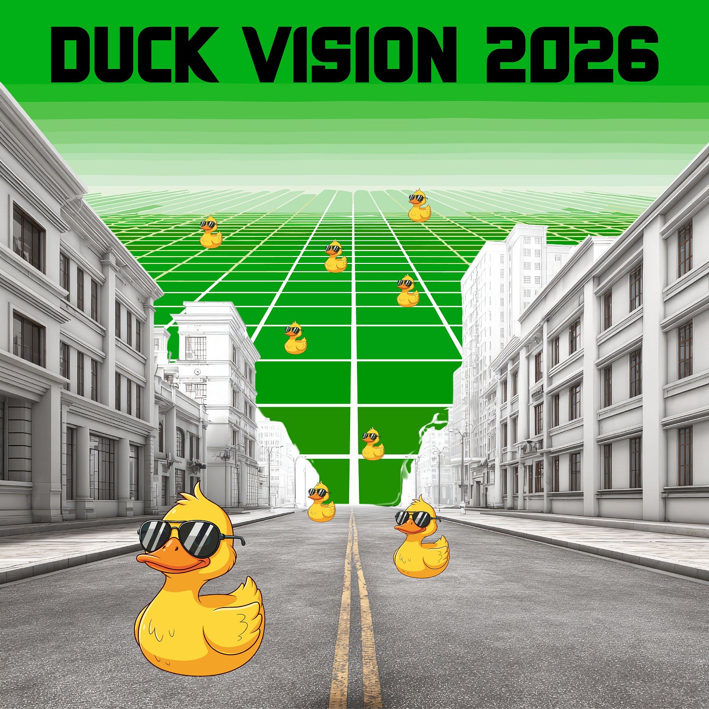 Black and white buildings on left and right; ducks in sunglasses on a road in the middle and on a green grid leading up to the horizon in the background; text reads Duck Vision 2026