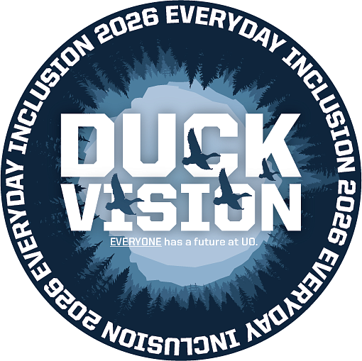 Duck Vision text in the middle and repeating Everyday Inclusion 2026 in a circle on the outside; ducks flying; trees and mountains in a circle