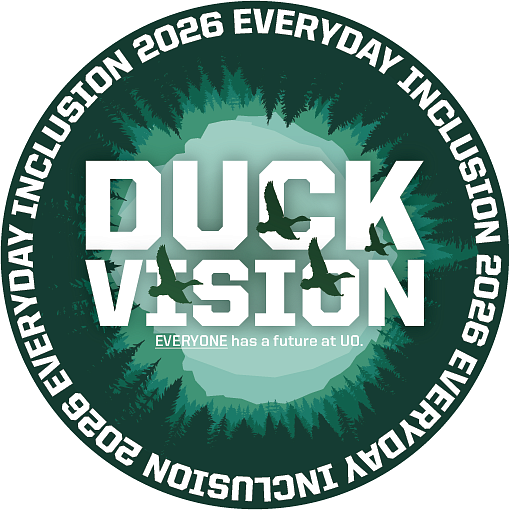 Duck Vision text in the middle and repeating Everyday Inclusion 2026 in a circle on the outside; ducks flying; trees and mountains in a circle (green hue)