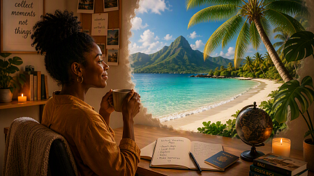 Woman sits at a desk holding a cup of something; through the wall--in her imagination, is a dream beach destination with blue sea, white sand, palm trees, and green hillls