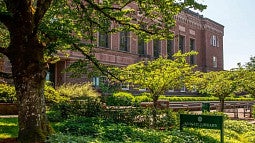 Knight Library main entrance with trees and sign