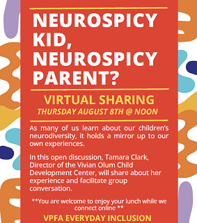 Neurospicy kid, neurospicy parent? Virtual Sharing Aug 8 @ 12noonWhite font on red background; multicolored shapes in the background