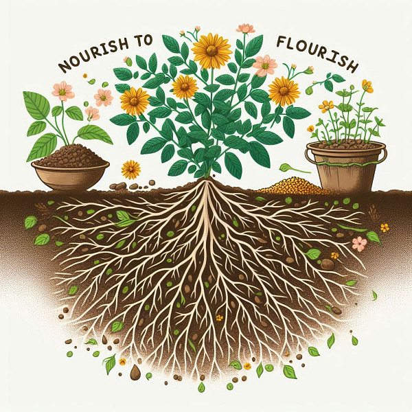 Yellow flowers and leaves above ground; roots and leaves under ground; a pot with a plant; another pot with flowers; text reads NOURISH TO FLOURISH