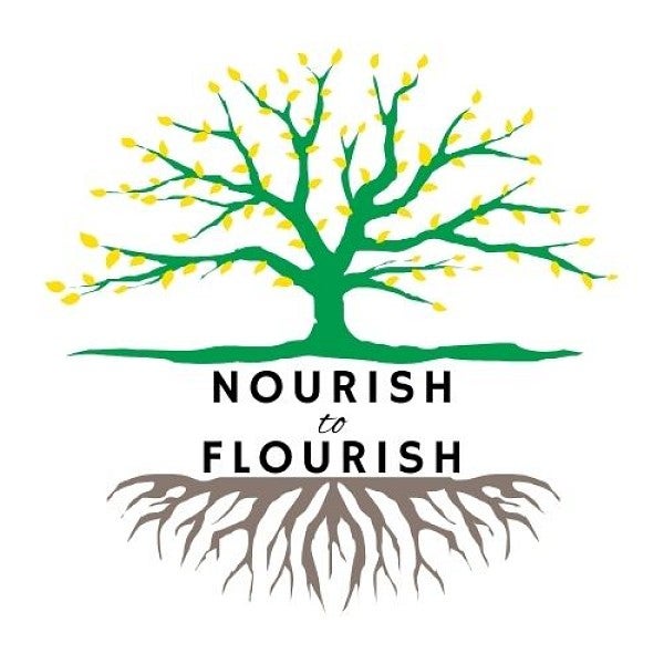 Green silhouette outline of a tree with yellow leaves and grey roots. Text reads: Nourish to Flourish under the tree but above the roots