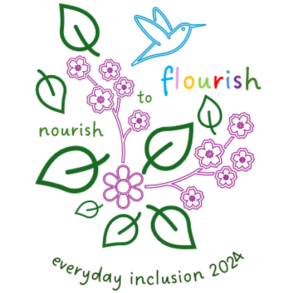 8 green leaf outlines of different sizes; outlines of 11 flowers and stalks in purple; a bird outlined in blue; text reads "nourish to flourish" and "everyday inclusion 2024"