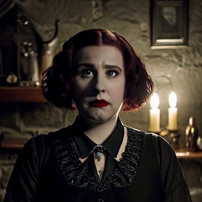 White woman with dark red hair wears a black dress and dark red lipstick; two candles behind her