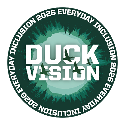 Four ducks fly across the text DUCK VISION; trees and mountains provide a circular border around the image with the repeated text EVERYDAY INCLUSION 2026 