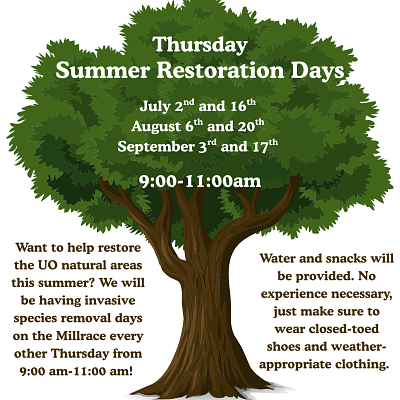 Image of a tree with the text Thursday Summer Restoration Days July 2nd and 16th