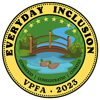 Outer Circle text: Everyday Inclusion VPFA 2023 - Connexio Consideratio Conatio (center image of a bridge over a stream with two ducks in the water; greenery on the side)