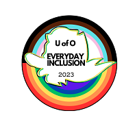 Duck silhouette profile in a rainbow circle: bottom half is LGBTQ-rainbow and top half is trans-inclusion colors; text in the middle reads U of O Everyday Inclusion 2023