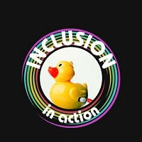 Black background; rainbow circle with wind-up duck in the middle; text reads Inclusion in Action