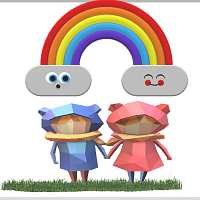 Figures in blue and pink holding hands; a rainbow is above their heads with smiley faces