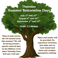 Image of a tree with the text Thursday Summer Restoration Days July 2nd and 16th