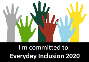 Gray, green, red, blue, and yellow hands raised; text reads &quot;I'm committed to Everyday Inclusion 2020&quot;